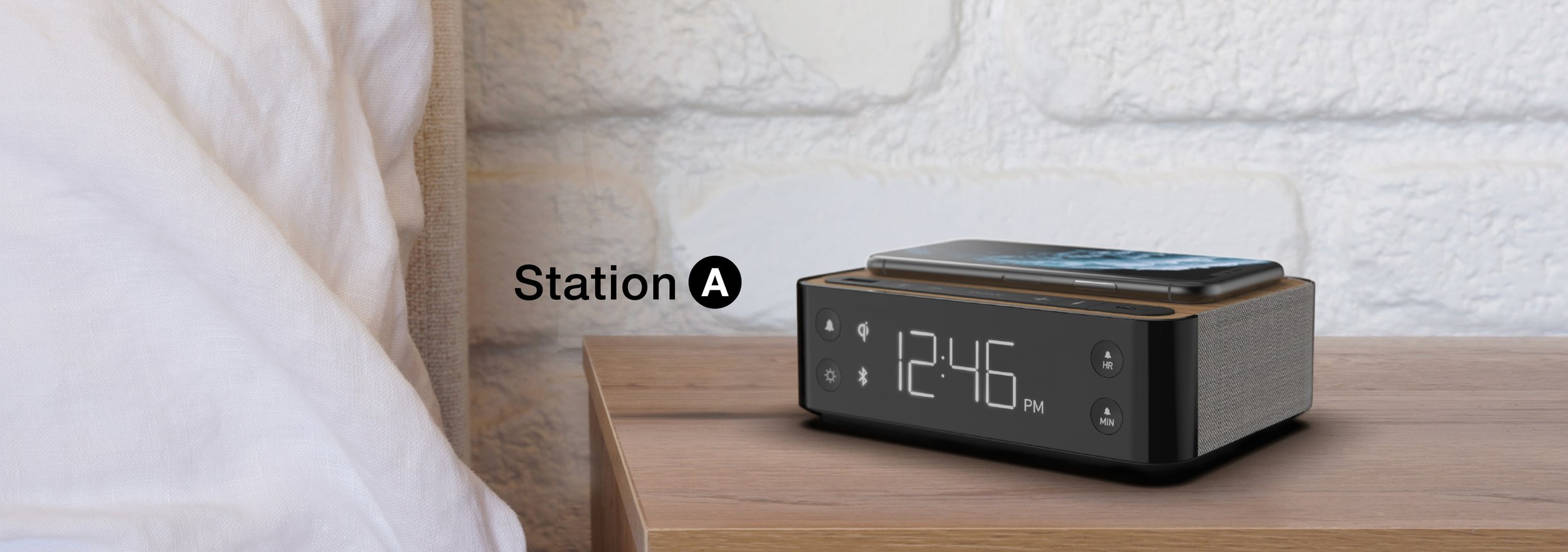 Modern Hotel Alarm Clock with 2x USB (Now with USB-C) Qi Wireless